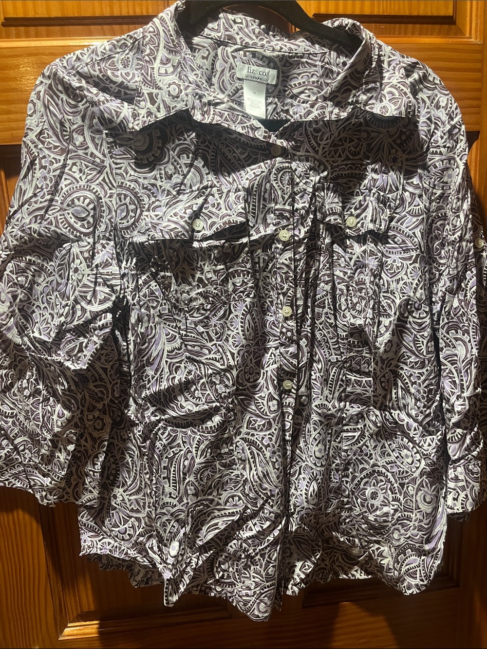 Liz Claiborne Black, white, and purple Paisley Button-Front Shirt